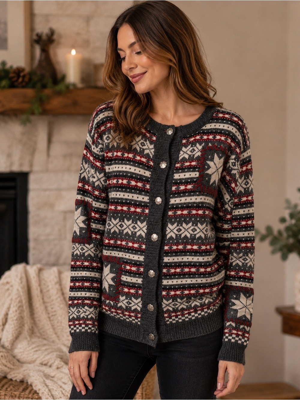 All Week Long Fair Isle Nordic Cardigan M Charcoal Red Cream Sweater